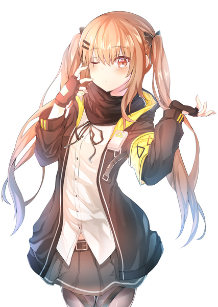 Anime picture 3200x4500 with girls frontline ump9 (girls frontline) rireua single long hair tall image looking at viewer blush fringe highres simple background hair between eyes brown hair standing white background twintails brown eyes absurdres pleated skirt one eye closed