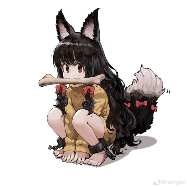 Anime picture 2953x2953 with original jun (seojh1029) single long hair looking at viewer fringe highres open mouth black hair simple background smile red eyes white background sitting holding animal ears tail long sleeves animal tail barefoot