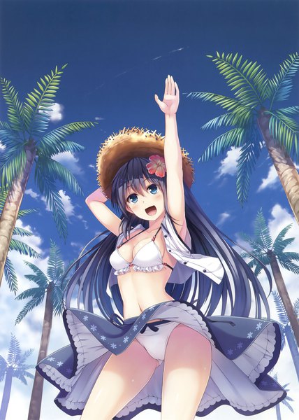 Anime picture 2495x3500 with original noe noel single long hair tall image looking at viewer blush fringe highres breasts open mouth blue eyes light erotic black hair hair between eyes sky cloud (clouds) arm up hair flower scan