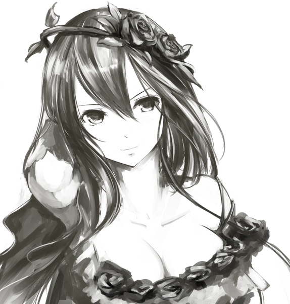 Anime picture 994x1039 with granblue fantasy rosetta (granblue fantasy) kz nagomiya single long hair tall image fringe breasts simple background hair between eyes white background holding looking away cleavage upper body hair flower monochrome portrait sketch girl