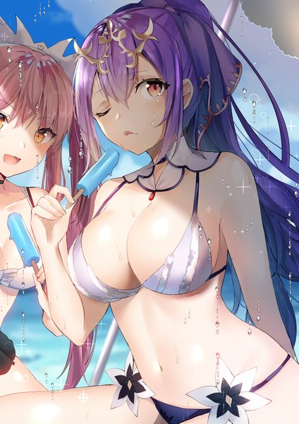 Anime picture 2894x4093 with fate (series) fate/grand order scathach (fate) (all) scathach skadi (fate) medb (fate) fou (ssqseeker) long hair tall image looking at viewer fringe highres breasts open mouth light erotic hair between eyes large breasts purple eyes twintails bare shoulders multiple girls