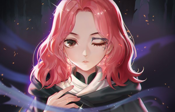 Anime picture 1591x1024 with elden ring melina (elden ring) peach luo single long hair looking at viewer brown eyes pink hair upper body one eye closed sparkle girl
