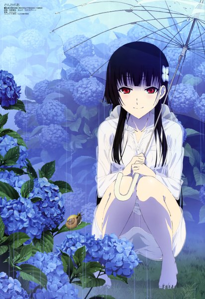 Anime picture 4079x5938 with sankarea studio deen megami magazine sanka rea yoshihara tatsuya single long hair tall image looking at viewer fringe highres black hair smile red eyes holding absurdres full body bent knee (knees) barefoot hair flower