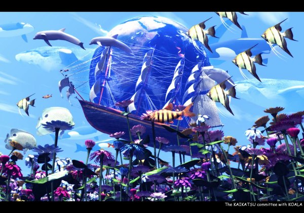 Anime picture 1024x720 with original koala (pixiv) signed sky letterboxed flying flower (flowers) fish (fishes) planet watercraft boat whale