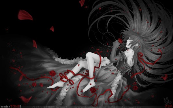 Anime picture 1680x1050 with pandora hearts xebec alice (pandora hearts) asa00 single long hair wide image eyes closed barefoot grey hair grin black background monochrome hair over eyes spot color girl dress gloves flower (flowers) ribbon (ribbons)