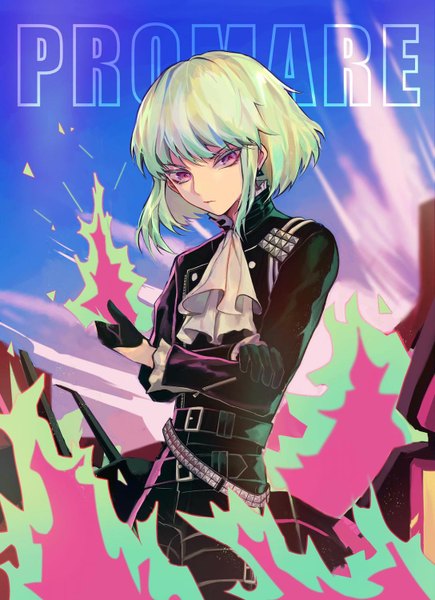 Anime picture 1088x1500 with promare studio trigger lio fotia cranee single tall image looking at viewer short hair standing purple eyes green hair copyright name crossed arms boy gloves black gloves neckerchief