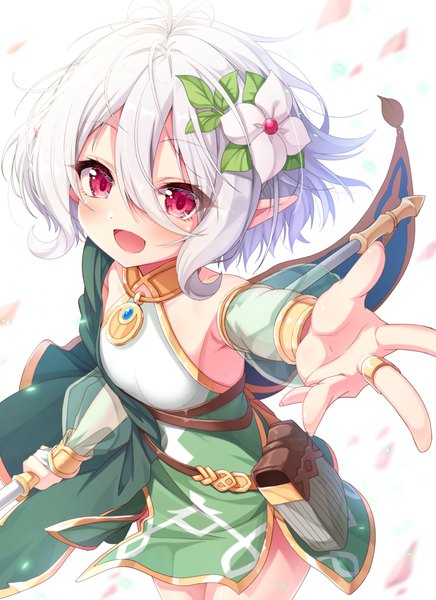 Anime picture 800x1099 with princess connect! re:dive princess connect! kokkoro (princess connect!) matokechi single tall image fringe short hair open mouth hair between eyes red eyes white background silver hair ahoge :d hair flower pointy ears outstretched hand girl flower (flowers)