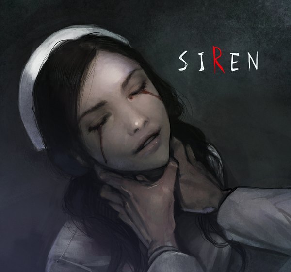 Anime picture 800x748 with forbidden siren agasang long hair black hair eyes closed parted lips lips eyebrows bleeding bloody tears choking girl blood hands nurse cap