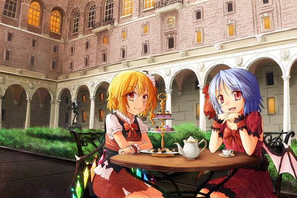 Anime picture 1500x1000 with touhou flandre scarlet remilia scarlet freeze-ex looking at viewer short hair blonde hair red eyes sitting multiple girls blue hair ponytail teeth fang (fangs) side ponytail girl dress 2 girls wings food