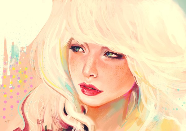 Anime picture 3508x2480 with original samkaat (artist) single long hair highres blue eyes blonde hair looking away absurdres lipstick girl