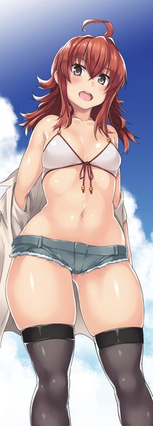 Anime picture 1478x4095 with kantai collection arashi destroyer kuronyan single long hair tall image looking at viewer blush fringe breasts open mouth light erotic smile hair between eyes brown hair standing brown eyes payot sky cleavage