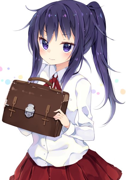 Anime picture 1052x1500 with himouto! umaru-chan doga kobo motoba kirie chico152 single long hair tall image looking at viewer blush fringe simple background white background purple eyes holding purple hair upper body ahoge ponytail pleated skirt polka dot