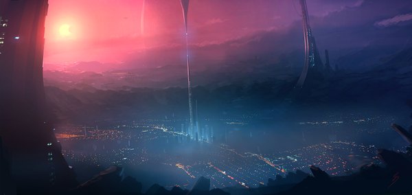 Anime picture 1777x843 with original antifan real (artist) highres wide image sky cloud (clouds) city evening sunset cityscape no people fantasy city lights sun