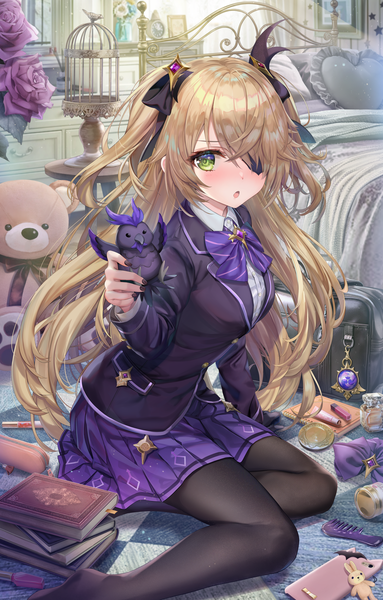 Anime picture 5690x8912 with genshin impact fischl (genshin impact) oz (genshin impact) torino aqua single long hair tall image looking at viewer blush fringe highres blonde hair sitting green eyes absurdres bent knee (knees) indoors long sleeves nail polish pleated skirt