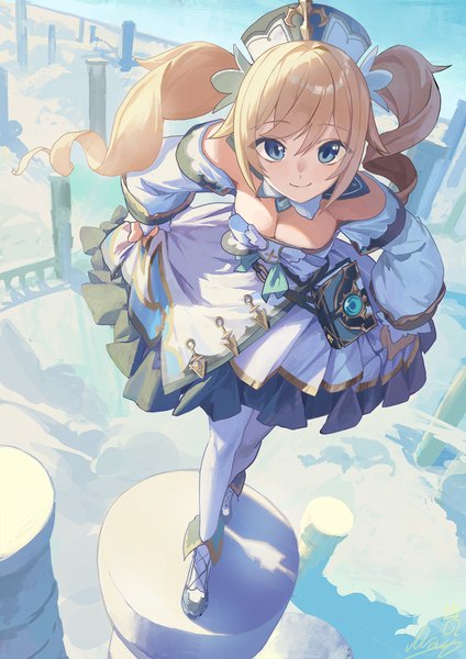 Anime picture 1412x2000 with genshin impact barbara (genshin impact) m.q (mqkyrie) single long hair tall image looking at viewer fringe breasts blue eyes blonde hair smile hair between eyes standing twintails bare shoulders payot sky cloud (clouds) full body