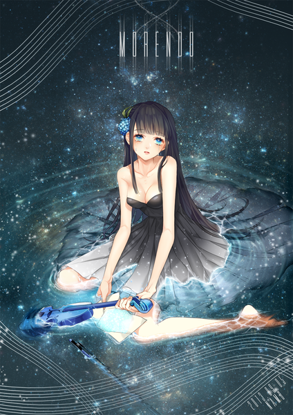 Anime picture 1000x1414 with original namu (artist) single long hair tall image looking at viewer breasts blue eyes black hair barefoot tears girl dress hair ornament water black dress violin bow (instrument)