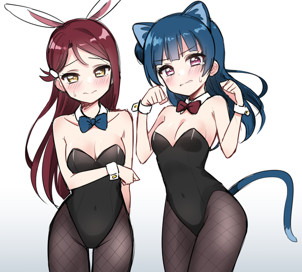 Anime picture 1603x1447 with love live! sunshine!! sunrise (studio) love live! sakurauchi riko tsushima yoshiko deadnooodles long hair looking at viewer blush fringe breasts light erotic simple background hair between eyes standing white background purple eyes bare shoulders multiple girls animal ears