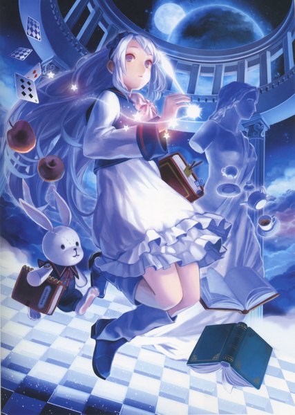 Anime picture 4513x6337 with original siro single long hair tall image highres red eyes purple eyes looking away absurdres cloud (clouds) white hair checkered floor space weightlessness girl dress bow white dress star (symbol)