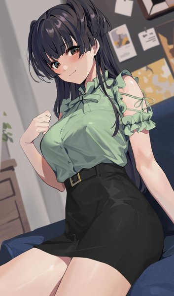 Anime picture 2480x4217 with idolmaster idolmaster shiny colors mayuzumi fuyuko gin00 single long hair tall image looking at viewer blush fringe highres black hair sitting brown eyes indoors blunt bangs arm up blurry two side up covered nipples