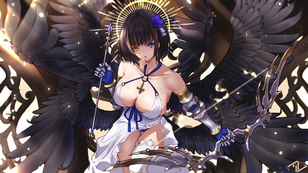 Anime picture 2048x1152 with original nolmo (vanitas0) single looking at viewer fringe highres short hair breasts open mouth blue eyes light erotic black hair wide image large breasts holding yellow eyes payot cleavage blunt bangs head tilt