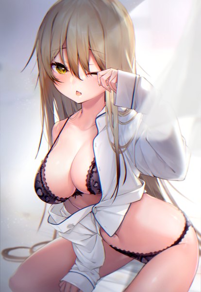Anime picture 2070x3000 with original ukamaru single long hair tall image looking at viewer blush fringe highres breasts open mouth light erotic blonde hair hair between eyes large breasts sitting yellow eyes long sleeves one eye closed arm up