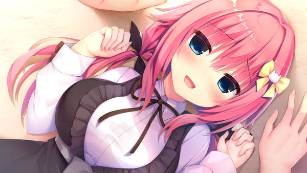 Anime picture 2560x1440 with hamidashi creative tokiwa kano utsunomiya tsumire long hair looking at viewer blush fringe highres breasts open mouth blue eyes hair between eyes wide image large breasts twintails pink hair game cg upper body :d shadow