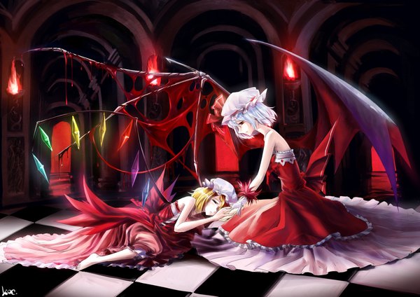 Anime picture 2338x1653 with touhou flandre scarlet remilia scarlet koenigsegg highres short hair blonde hair red eyes bare shoulders multiple girls blue hair barefoot bat wings checkered torn wings girl dress gloves 2 girls hat