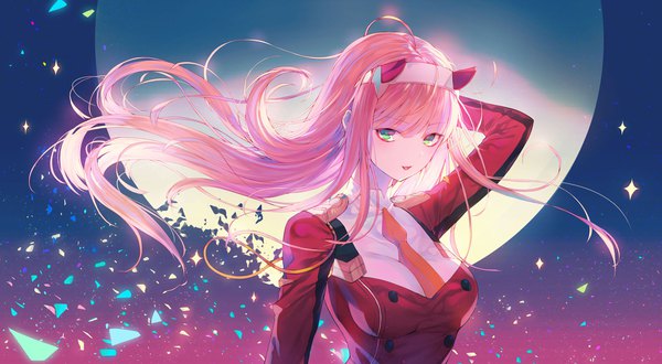 Anime picture 2000x1100 with darling in the franxx studio trigger zero two (darling in the franxx) kh (kh 1128) single long hair looking at viewer blush fringe highres breasts open mouth smile wide image green eyes pink hair upper body blunt bangs floating hair arm behind head