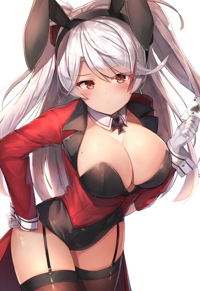 Anime picture 1100x1597 with azur lane prinz eugen (azur lane) motokonut single long hair tall image looking at viewer blush fringe breasts light erotic simple background hair between eyes large breasts standing white background holding brown eyes animal ears cleavage