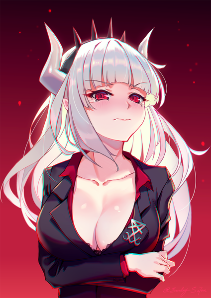 Anime-Bild 1243x1758 mit helltaker lucifer (helltaker) sunday se7en single long hair tall image looking at viewer blush fringe breasts light erotic simple background red eyes large breasts cleavage silver hair upper body long sleeves horn (horns) mole