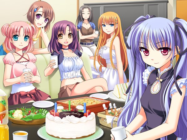 Anime picture 1200x900 with sugar+spice 2 (game) blue eyes blonde hair red eyes purple eyes multiple girls yellow eyes pink hair game cg purple hair eyes closed two side up 6+ girls ^ ^ 6 girls girl food sweets cake