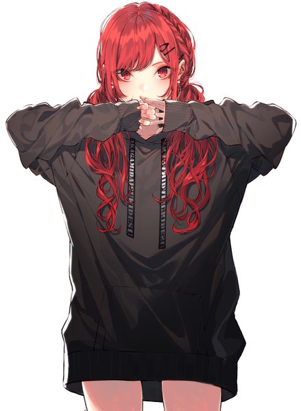 Anime picture 1000x1365 with original kuwashima rein single long hair tall image looking at viewer blush fringe simple background red eyes standing white background red hair braid (braids) long sleeves fingernails arms up sleeves past wrists covered mouth girl
