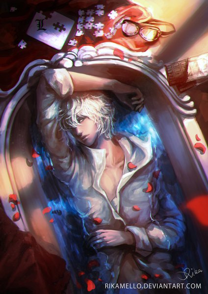 Anime picture 800x1132 with death note madhouse near rikamello single tall image looking at viewer fringe short hair hair between eyes white hair lying head tilt arm up lips sunlight realistic open shirt partially submerged turning head