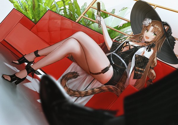 Anime picture 3401x2390 with arknights swire (arknights) swire the elegant wit (arknights) ganet p long hair looking at viewer highres breasts open mouth light erotic smile brown hair large breasts sitting green eyes animal ears absurdres full body indoors tail