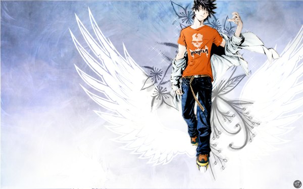 Anime picture 1440x900 with air gear toei animation minami itsuki short hair black hair simple background wide image wind inscription skull print boy flower (flowers) wings jacket belt pants skull roller skates