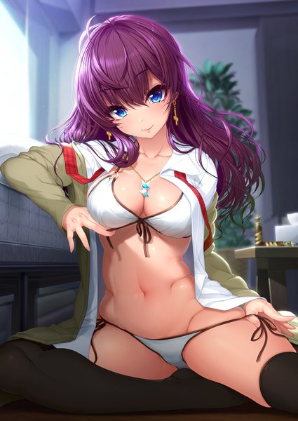 Anime picture 800x1130 with idolmaster idolmaster cinderella girls ichinose shiki kirin kakeru single long hair tall image looking at viewer fringe breasts blue eyes light erotic smile hair between eyes purple hair ahoge indoors long sleeves open clothes no shoes