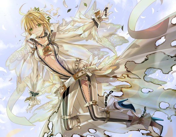 Anime picture 1500x1167 with fate (series) fate/extra type-moon artoria pendragon (all) saber nero claudius (fate) (all) nero claudius (bride) (fate) hoshii hisa single long hair blonde hair green eyes ahoge hair flower open clothes high heels torn clothes girl hair ornament flower (flowers)