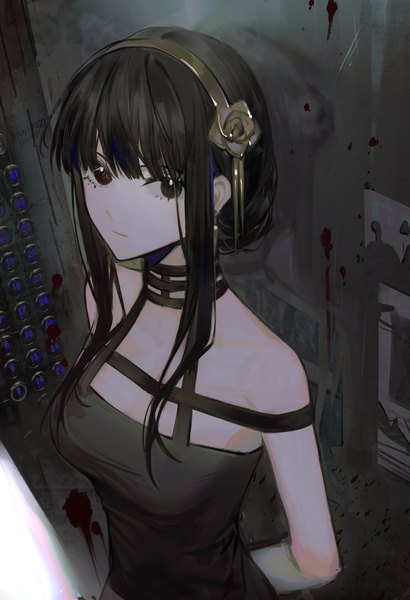 Anime picture 2280x3334 with spy x family yor briar xingxing mei single long hair tall image looking at viewer fringe highres black hair red eyes from above hands behind back expressionless blood stains girl blood headband elevator