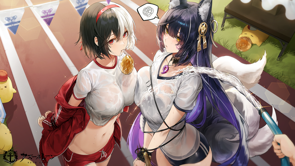 Anime picture 2133x1200 with azur lane manjuu (azur lane) musashi (azur lane) bruenhilde (azur lane) bruenhilde (grain-seizing grani) kim eb long hair looking at viewer fringe highres short hair breasts open mouth light erotic black hair hair between eyes red eyes wide image large breasts standing