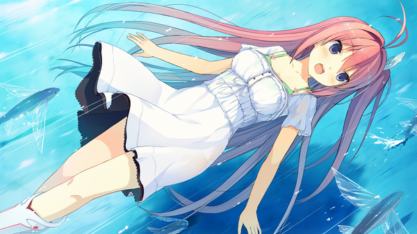 Anime picture 1280x720 with ao no kanata no four rhythm sprite (company) kurashina asuka akinashi yuu single long hair blush fringe breasts open mouth blue eyes wide image large breasts looking away pink hair game cg ponytail head tilt wind side ponytail