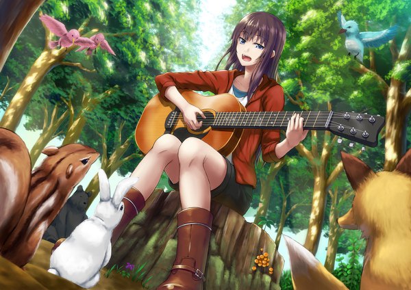 Anime picture 1200x848 with original shigatsu itsuka single long hair looking at viewer fringe open mouth blue eyes brown hair sitting holding bent knee (knees) :d from below dutch angle twisty sleeves nature singing playing instrument girl