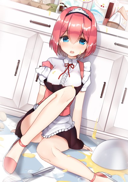 Anime picture 1000x1414 with original nacsi (amo) single tall image blush fringe short hair breasts open mouth blue eyes sitting pink hair bent knee (knees) indoors maid food on face girl uniform food headdress