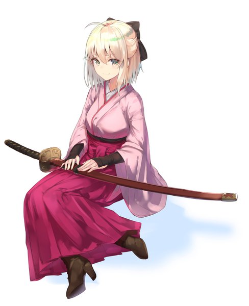 Anime picture 1441x1771 with fate (series) okita souji (fate) (all) okita souji (koha-ace) ato (haru ato) single tall image fringe short hair simple background blonde hair smile hair between eyes white background yellow eyes full body ahoge traditional clothes japanese clothes half updo sheathed