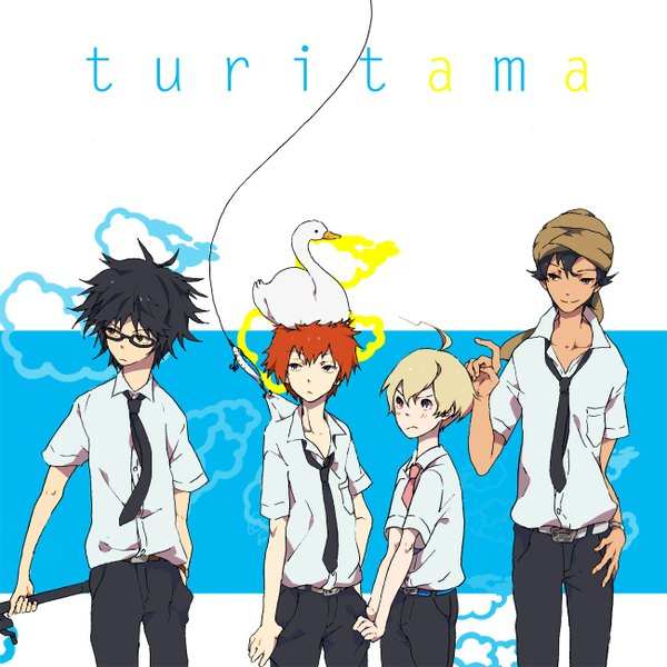 Anime picture 1300x1300 with tsuritama a-1 pictures haru (tsuritama) sanada yuki usami natsuki akira agarkar yamada tapioca n (no bu) blush short hair black hair blonde hair simple background smile orange hair inscription multiple boys open collar animal on head bird on head