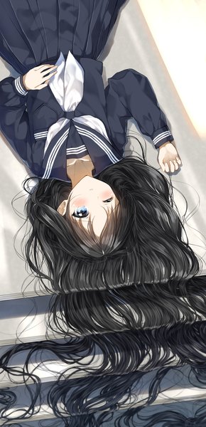 Anime picture 2196x4536 with original pentagon (railgun ky1206) single tall image looking at viewer blush fringe highres blue eyes black hair lying long sleeves very long hair parted lips pleated skirt one eye closed from above on back upside down on ground
