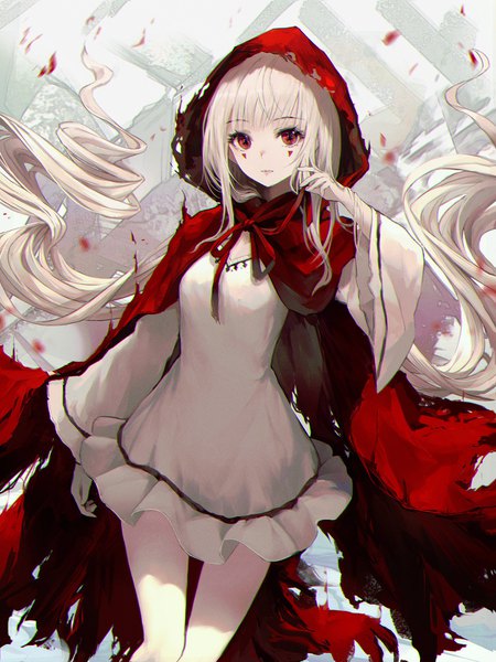 Anime picture 1500x2000 with original yohaku single tall image looking at viewer fringe red eyes standing twintails silver hair blunt bangs long sleeves very long hair arm up wide sleeves thighs thigh gap floating hair torn clothes facial mark