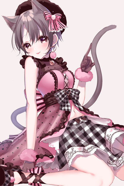 Anime picture 1333x2000 with idolmaster idolmaster cinderella girls otokura yuuki sinsihukunokonaka single tall image looking at viewer blush short hair simple background brown eyes animal ears tail animal tail grey hair cat ears grey background cat girl cat tail :p