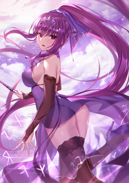 Anime picture 2149x3035 with fate (series) fate/grand order scathach (fate) (all) scathach skadi (fate) black fire (peter02713) single tall image looking at viewer blush fringe highres breasts open mouth light erotic hair between eyes red eyes large breasts standing holding sky