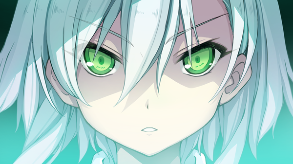 Anime picture 1280x720 with ao no kanata no four rhythm sprite (company) inui saki akinashi yuu single looking at viewer fringe short hair wide image green eyes game cg white hair parted lips portrait dark background close-up face pale skin serious girl