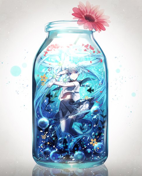 Anime-Bild 1500x1845 mit vocaloid hatsune miku bottle miku hakusai (tiahszld) single tall image looking at viewer white background twintails very long hair aqua eyes aqua hair in bottle girl thighhighs skirt uniform flower (flowers) black thighhighs plant (plants)